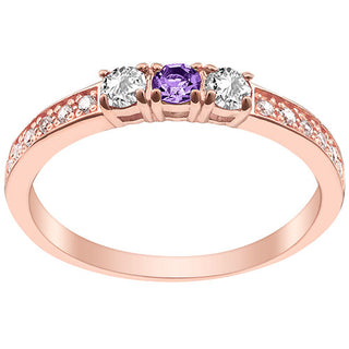 14K Rose Gold Plated Simulated Amethyst and Clear Crystal 3-Stone Ring