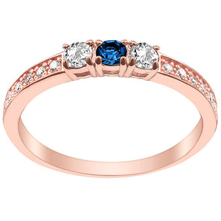 14K Rose Gold Plated Simulated Sapphire and Clear Crystal 3-Stone Ring