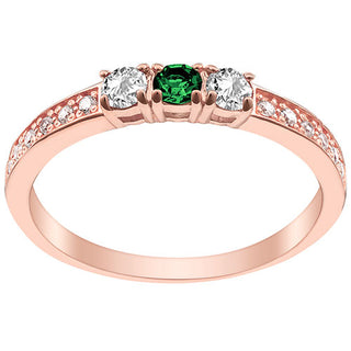 14K Rose Gold Plated Simulated Emerald and Clear Crystal 3-Stone Ring