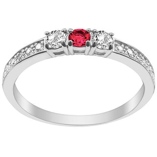 Silver Plated Simulated Ruby and Clear Crystal 3-Stone Ring