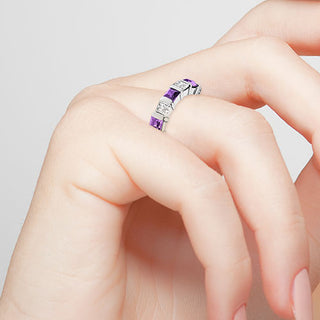 Silver Plated Simulated Amethyst and Clear Crystal 5 Stone Ring