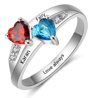 Sterling Silver Engraved Double Heart Birthstone and CZ Ring