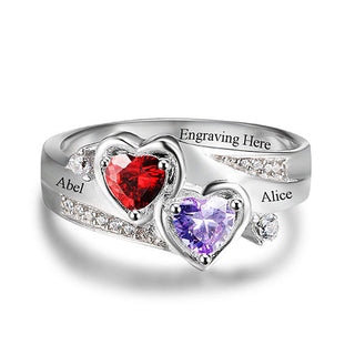 Sterling Silver Engraved Double Heart Birthstone and CZ Ring