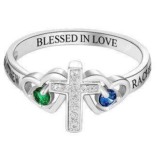 Sterling Silver Engraved Double Heart Birthstone with CZ Cross Ring