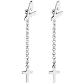 Script Initial Earring with Cross Dangle Button Drop Earrings