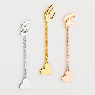 Script Initial Earring with Heart Dangle Button Drop Earrings