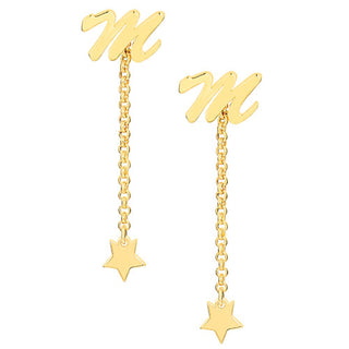 Script Initial Earring with Star Dangle Button Drop Earrings