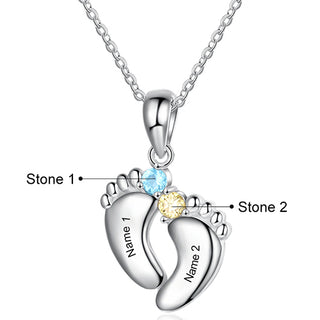 Sterling Silver Engraved Birthstone Footprints Necklace