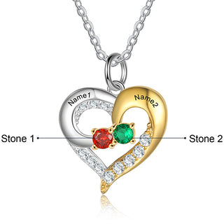 Sterling Silver Two-tone Engraved Birthstone Heart with CZ Necklace