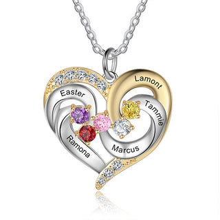 Sterling Silver Two-tone Engraved Birthstone Heart with CZ Necklace