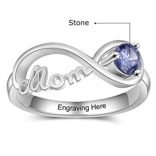 Sterling Silver Engraved Infinity Mom with Birthstone Ring