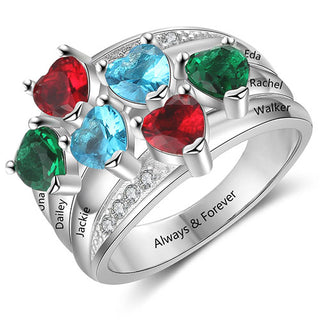 Sterling Silver Heart Birthstone Famly Name with CZ Accent Ring