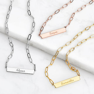 Silver Plated Engraved Horizontal Bar Paperclip Chain Necklace