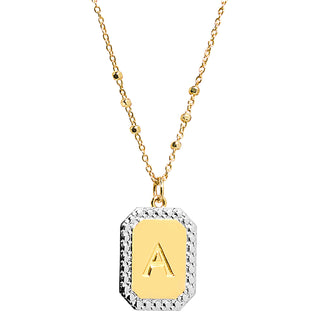 Engraved Initial Tag Beaded Chain Necklace