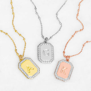 Engraved Initial Tag Beaded Chain Necklace