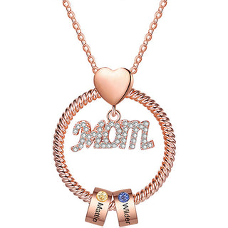 Rose Gold Plated Mom Circle Pendant with Engraved Birthstone Charm