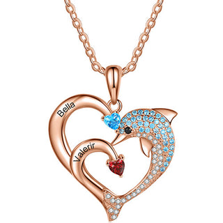 Rose Gold Plated Pave Dolphin Open Heart Engraved Birthstone Necklace