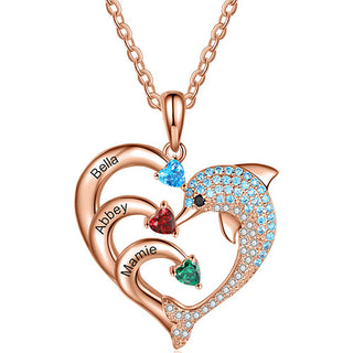 Rose Gold Plated Pave Dolphin Open Heart Engraved Birthstone Necklace