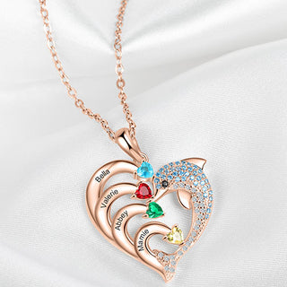 Rose Gold Plated Pave Dolphin Open Heart Engraved Birthstone Necklace