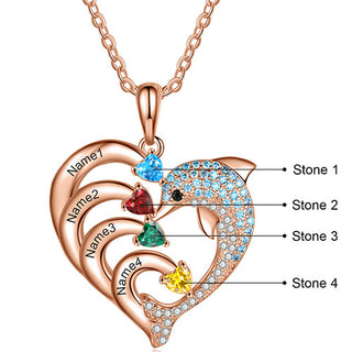 Rose Gold Plated Pave Dolphin Open Heart Engraved Birthstone Necklace