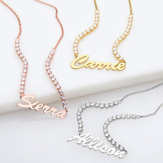 Hollywood Script Name Plaque CZ Chain Necklace