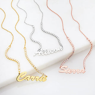 Hollywood Script Name Plaque CZ Chain Necklace