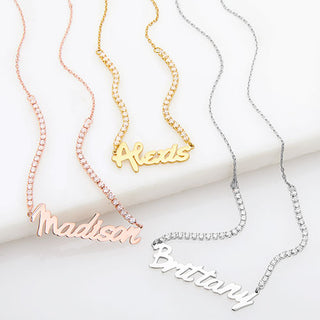 Bold Script Name Plaque CZ Chain Necklace