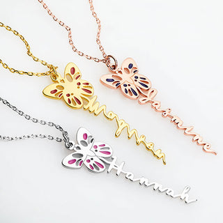 Sterling Silver Birthstone Enamel Butterfly Vertical Name Necklace