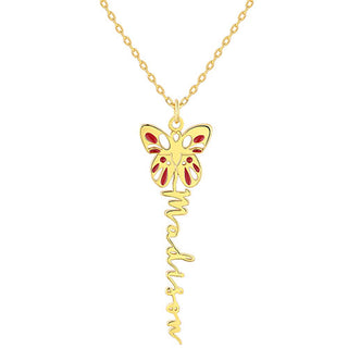 Sterling Silver Birthstone Enamel Butterfly Vertical Name Necklace