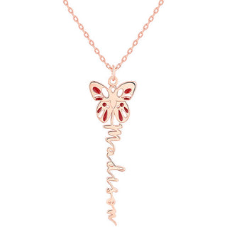 Sterling Silver Birthstone Enamel Butterfly Vertical Name Necklace