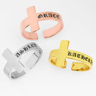 14K Gold Plated Engraved Name Cross Ring