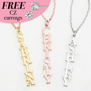 Sterling Silver Vertical Uppercase Name with Free CZ Earrings