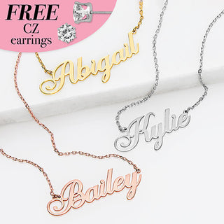 Sterling Silver Fancy Script Name Plaque with Free CZ Earrings