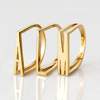 14K Gold Plated Bold Horizontal Initial Ring with Free Hoop Earrings