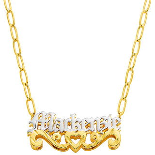 3-D Old English Name Plaque with Diamond Cut Heart Scroll Necklace