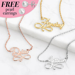 Sterling Silver Script Infinity Name with Free Freshwater Pearl Earrings