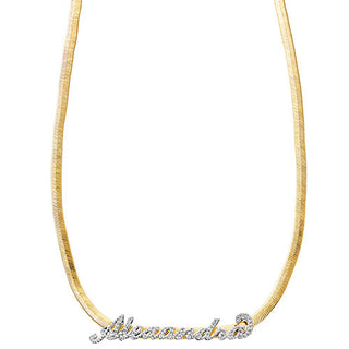 Pave CZ Name Slide Pendant Herringbone Chain Necklace