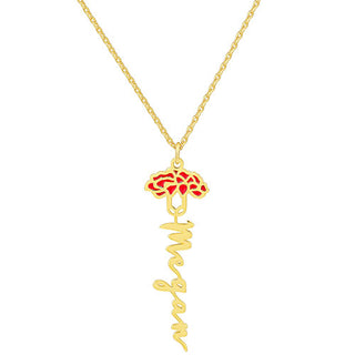 Vertical Script Name with Enamel Birthmonth Flower Necklace