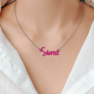 Modern Script Acrylic Name Necklace - Stainless ChainPlaque Necklace