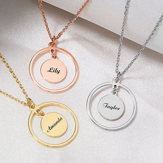 Sterling Silver Engraved Double Circle Pendant Necklace