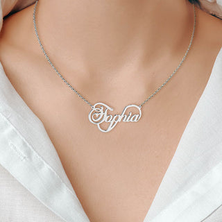 Sterling Silver Script Name with Heart Infinity Plaque Necklace