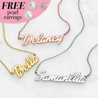 Sterling Silver Retro Bold Script Name with Free Freshwater Pearl Earrings