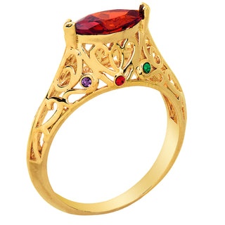 14K Gold Plated Filigree Art Deco East-West Marquise Family Birthstone Ring