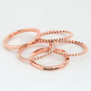 Rose Gold Plated Personalized Roped and Beaded Stackable 5 Ring Set