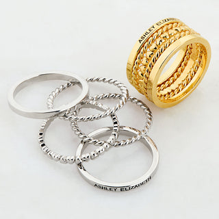 Gold Plated Personalized Roped and Petite Heart Stackable 5 Ring Set