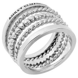 Silver Personalized Roped and Petite Heart Stackable 5 Ring Set