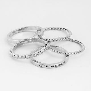 Silver Personalized Roped and Petite Heart Stackable 5 Ring Set