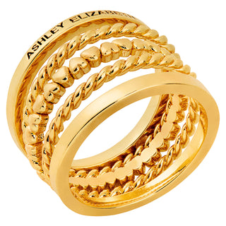 Gold Plated Personalized Roped and Petite Heart Stackable 5 Ring Set