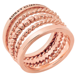 Rose Gold Plated Personalized Roped and Petite Heart Stackable 5 Ring Set