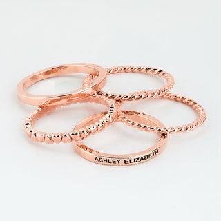 Rose Gold Plated Personalized Roped and Petite Heart Stackable 5 Ring Set